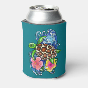 Tropical Sea Turtle and Hibiscus Can Cooler