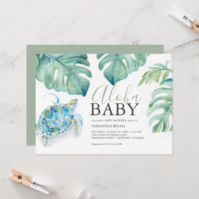 Tropical Sea Turtle Monstera Leaves Baby Shower Invitation (Front/Back In Situ)
