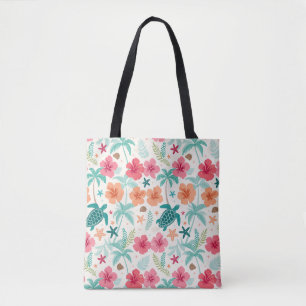 Tropical Sea Turtle Pattern Hibiscus Palm Tree & Tote Bag