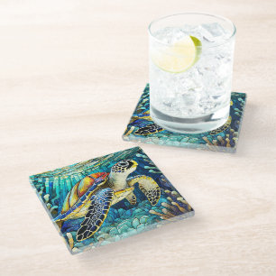 Tropical Sea turtle Stained glass art Glass Coaster