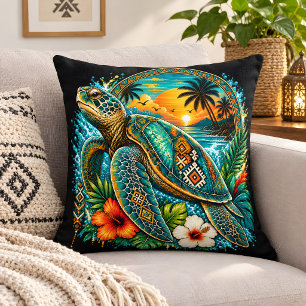 Tropical Sea Turtle Sunset – Tribal Ocean Paradise Throw Pillow