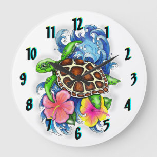 Tropical Sea Turtle with flowers Clock