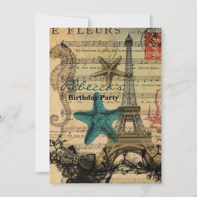tropical seahorse seashells paris eiffel tower invitation (Front)