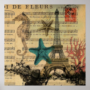 tropical seahorse seashells paris eiffel tower poster