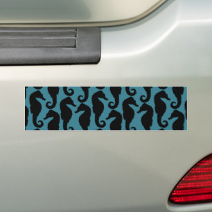 Tropical Seahorse Silhouettes - Black Blue Bumper Sticker