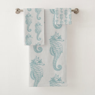 Tropical Seahorses, Seahorse Pattern - Blue Grey Bath Towel Set