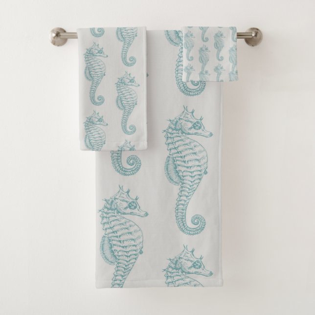 Tropical Seahorses, Seahorse Pattern - Blue Grey Bath Towel Set (Insitu)