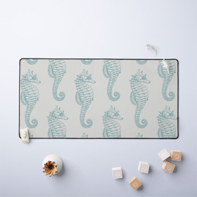 Tropical Seahorses, Seahorse Pattern - Blue Grey Desk Mat (Kids Table)