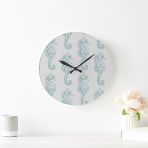 Tropical Seahorses, Seahorse Pattern - Blue Grey Large Clock