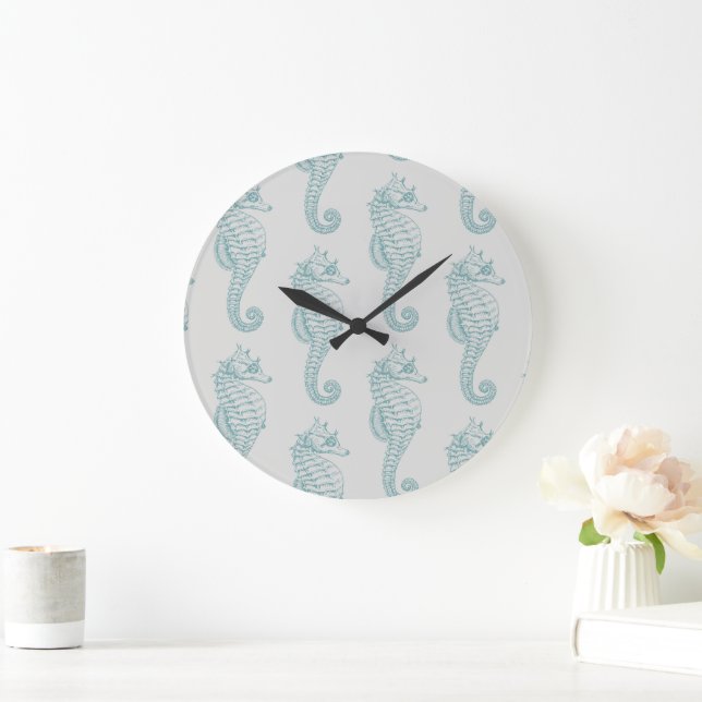 Tropical Seahorses, Seahorse Pattern - Blue Grey Large Clock (Home)
