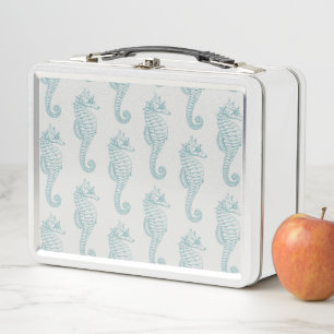 Tropical Seahorses, Seahorse Pattern - Blue Grey Metal Lunch Box