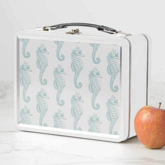 Tropical Seahorses, Seahorse Pattern - Blue Grey Metal Lunch Box (In Situ)