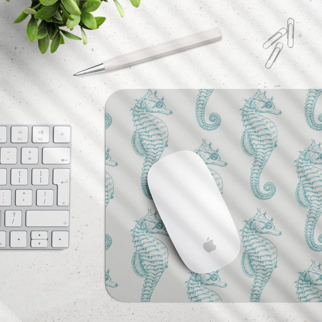 Tropical Seahorses, Seahorse Pattern - Blue Grey Mouse Pad (Creator Uploaded)