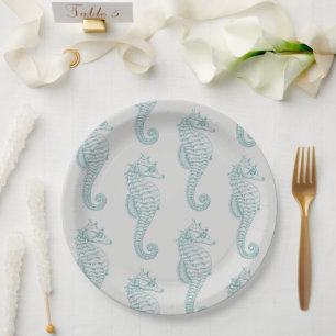 Tropical Seahorses, Seahorse Pattern - Blue Grey Paper Plate