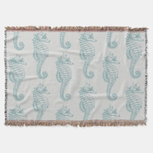 Tropical Seahorses, Seahorse Pattern - Blue Grey Throw Blanket