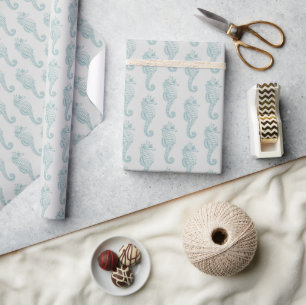 Tropical Seahorses, Seahorse Pattern - Blue Grey Wrapping Paper