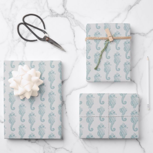 Tropical Seahorses, Seahorse Pattern - Blue Grey Wrapping Paper Sheet (Front)