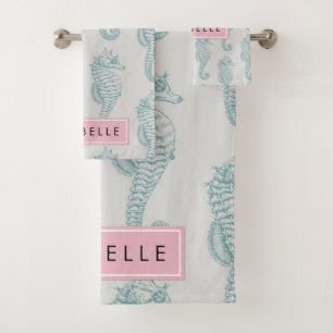 Tropical Seahorses, Seahorse Pattern, Your Name Bath Towel Set