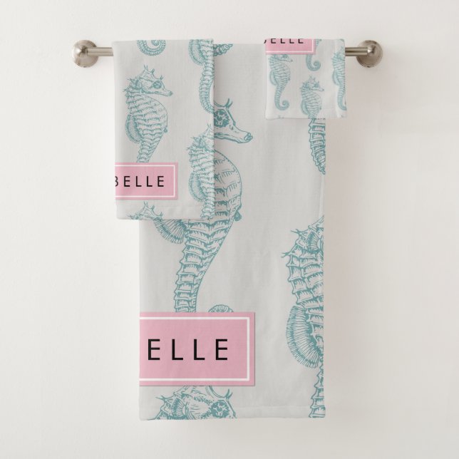 Tropical Seahorses, Seahorse Pattern, Your Name Bath Towel Set (Insitu)