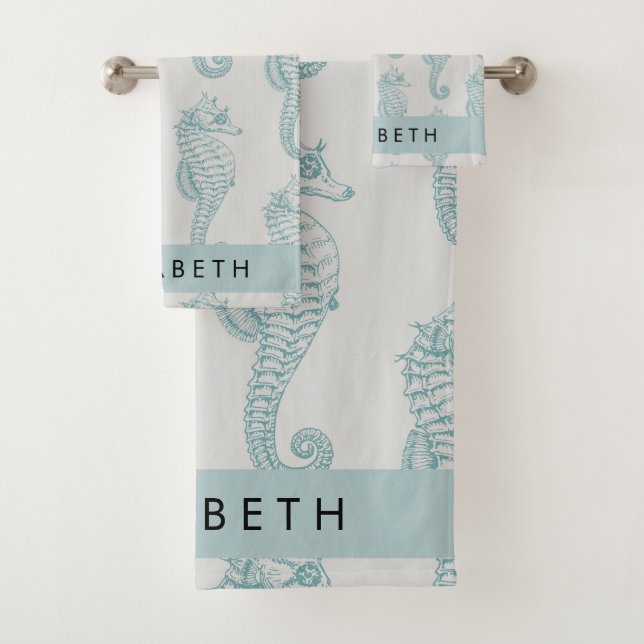 Tropical Seahorses, Seahorse Pattern, Your Name Bath Towel Set (Insitu)