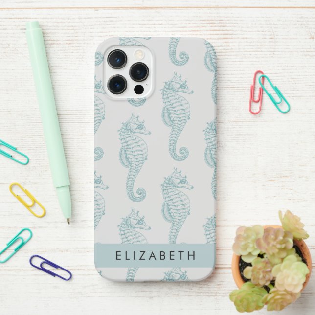 Tropical Seahorses, Seahorse Pattern, Your Name iPhone Case (On Desk)