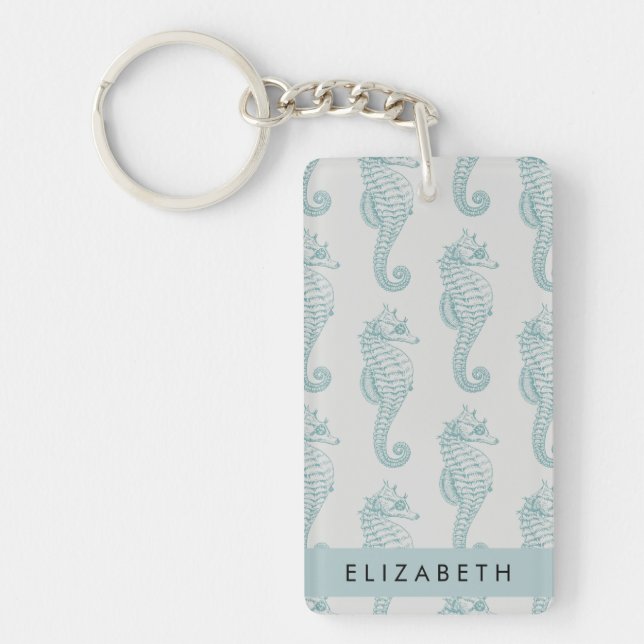 Tropical Seahorses, Seahorse Pattern, Your Name Keychain (Front)