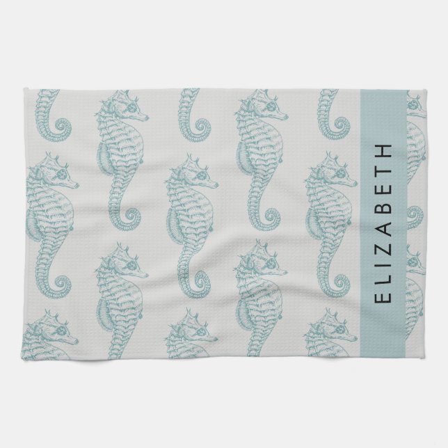 Tropical Seahorses, Seahorse Pattern, Your Name Kitchen Towel (Horizontal)