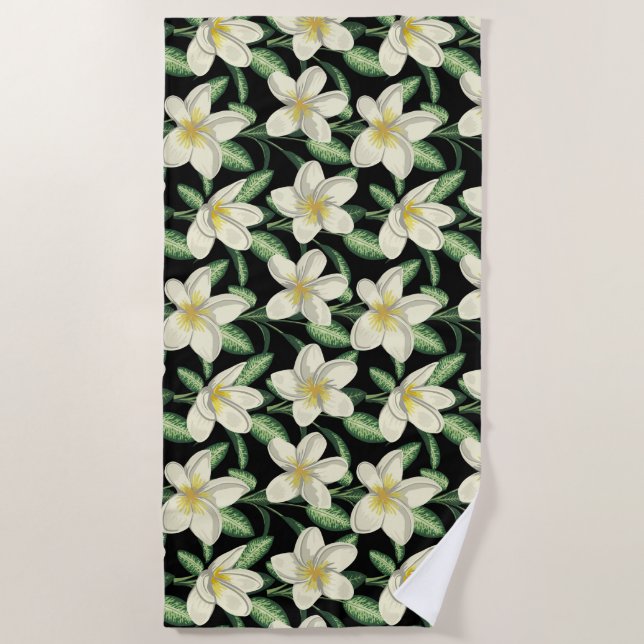 Tropical seamless pattern white flowers green leaf beach towel (Front)