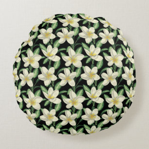 Tropical seamless pattern white flowers green leaf round pillow