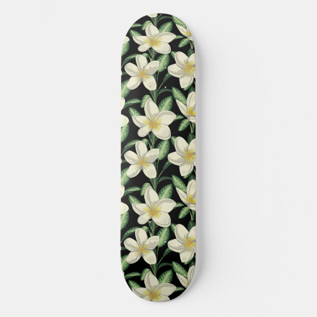 Tropical seamless pattern white flowers green leaf skateboard (Front)