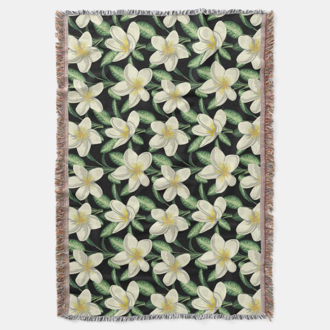 Tropical seamless pattern white flowers green leaf throw blanket (Front Vertical)
