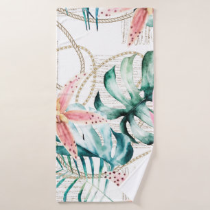 Tropical seamless pattern with orchids leaves and  bath towel