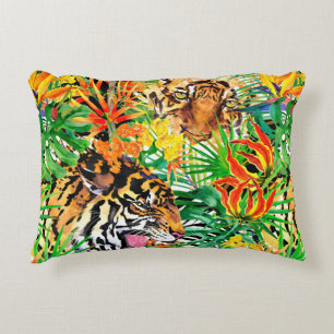 tropical seamless pattern with tiger. watercolor j accent pillow