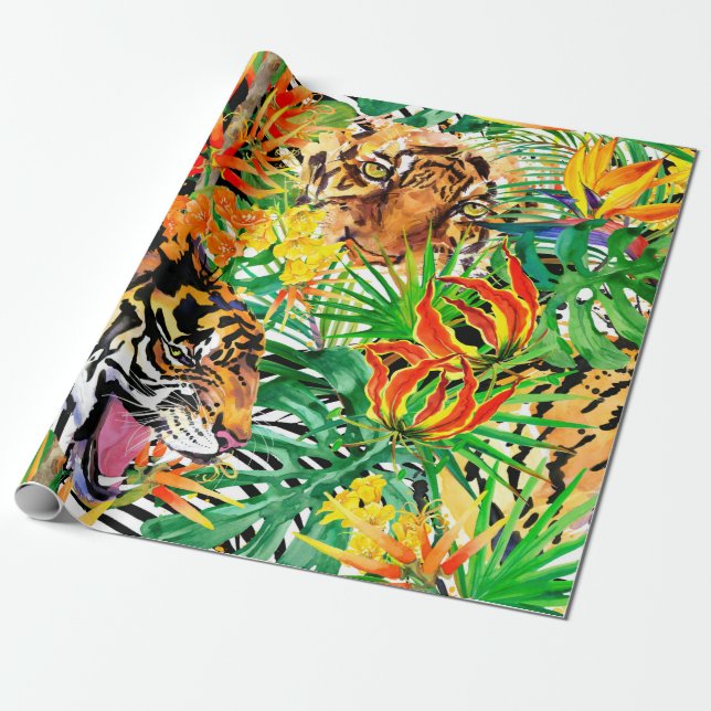 tropical seamless pattern with tiger. watercolor j wrapping paper (Unrolled)