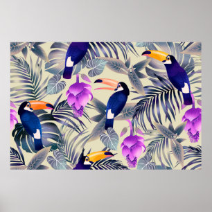 Tropical seamless pattern with toucans, monster, p poster
