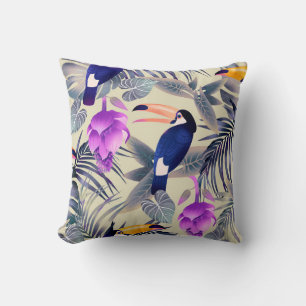 Tropical seamless pattern with toucans, monster, p throw pillow