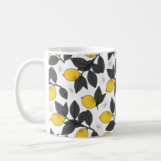 Tropical seamless pattern with yellow lemons. Hand Coffee Mug (Left)