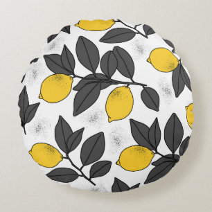 Tropical seamless pattern with yellow lemons. Hand Round Pillow