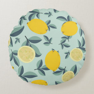 Tropical seamless pattern with yellow lemons round pillow