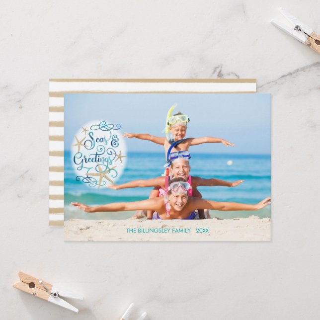 Tropical "Seas AND Greetings" Turquoise Script Card (Front/Back In Situ)