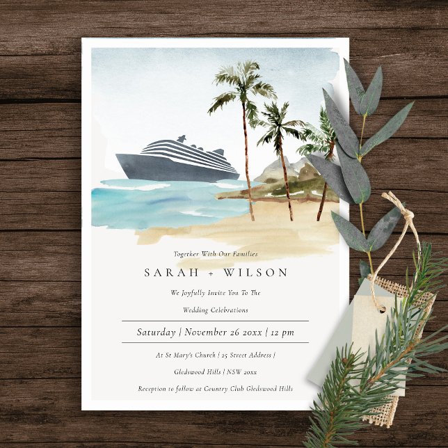 Tropical Seascape Beach Cruise Palm Wedding Invite (Creator Uploaded)
