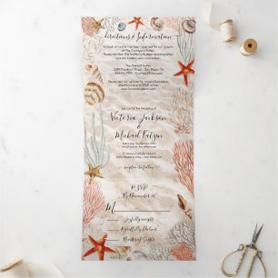 Tropical Seashell and Coral Sandy Beach Wedding Tr Tri-Fold Invitation