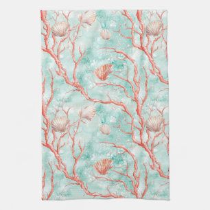 Tropical Seashell Coral Pattern Kitchen Towel