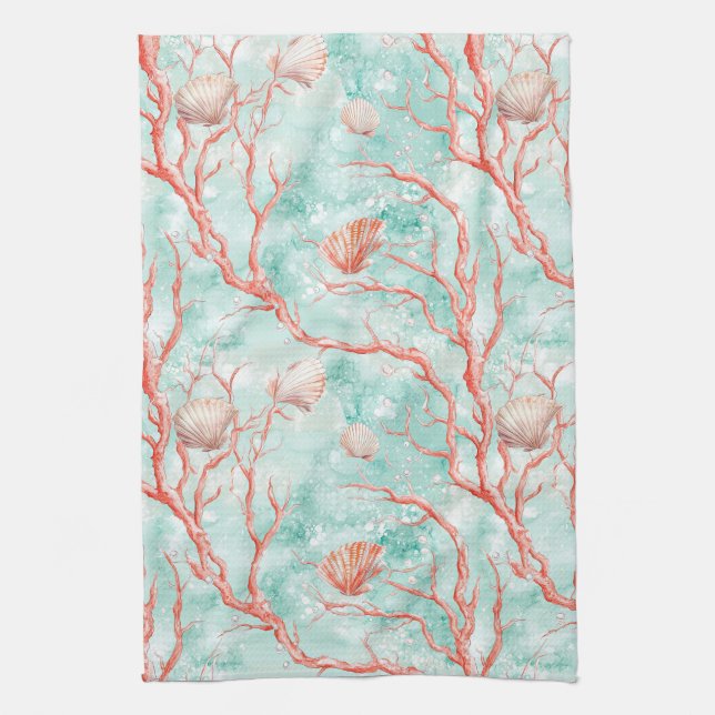 Tropical Seashell Coral Pattern Kitchen Towel (Vertical)