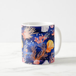 Tropical Seashell Starfish Orange Pink Cobalt Coffee Mug