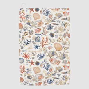 Tropical Seashells & Coral Reef Motif Golf Towel
