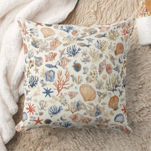 Tropical Seashells & Coral Reef Motif Throw Pillow