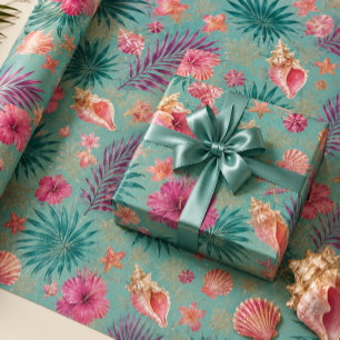 Tropical Seashells & Palm Leaves Wrapping Paper 