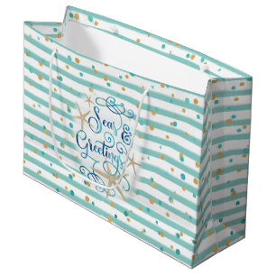 Tropical SEAson’s Greetings, Teal Stripes, Dots Large Gift Bag
