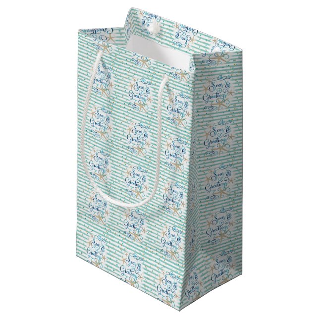 Tropical SEAson's Greetings, Teal Stripes & Dots Small Gift Bag (Front Angled)
